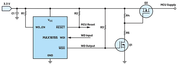 Diagram przedstawiający tranzystor MOSFET z kanałem N (Q1) sterujący tranzystorem MOSFET z kanałem P (Q2) (kliknij, aby powiększyć)